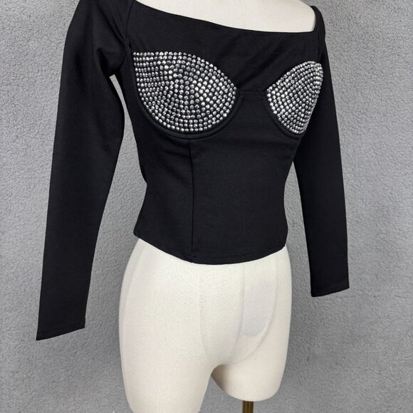 Forever 21 Women's Off-Shoulder Long Sleeve Cropped Top Rhinestone Black XS NWTs - Picture 3 of 8